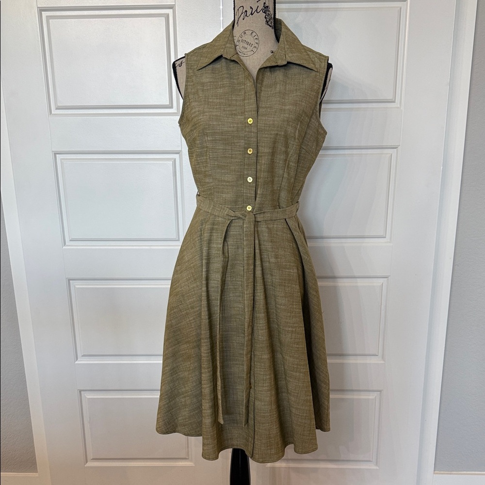 Sharagano Khaki Sleeveless Button-Up Dress